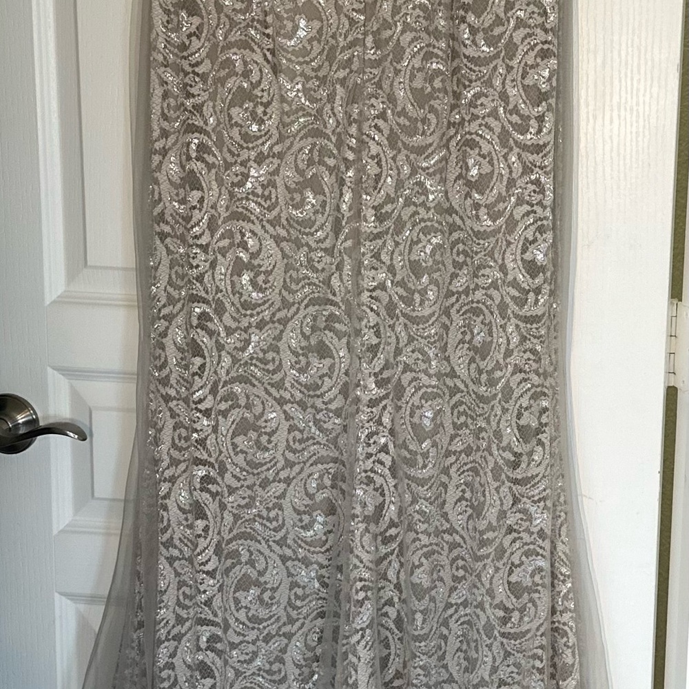 Terani Couture Elegant Silver Dress with Pearl Details